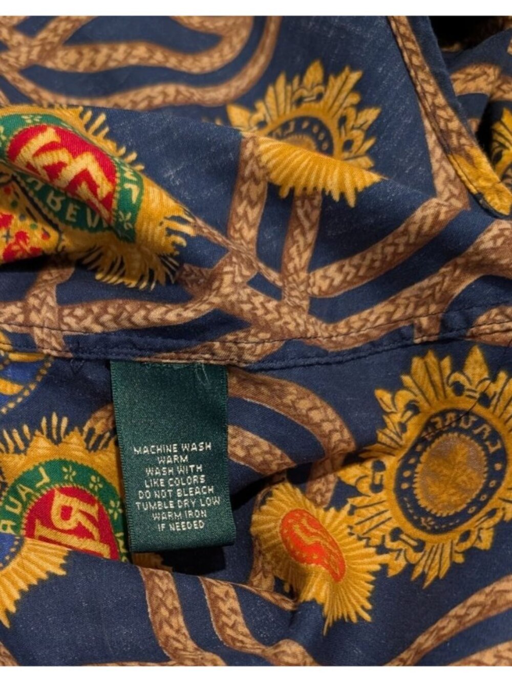 Lauren Ralph Lauren Navy Blue Button-Up Blouse Gold Chain Emblem Print Womens XL - Picture 12 of 14